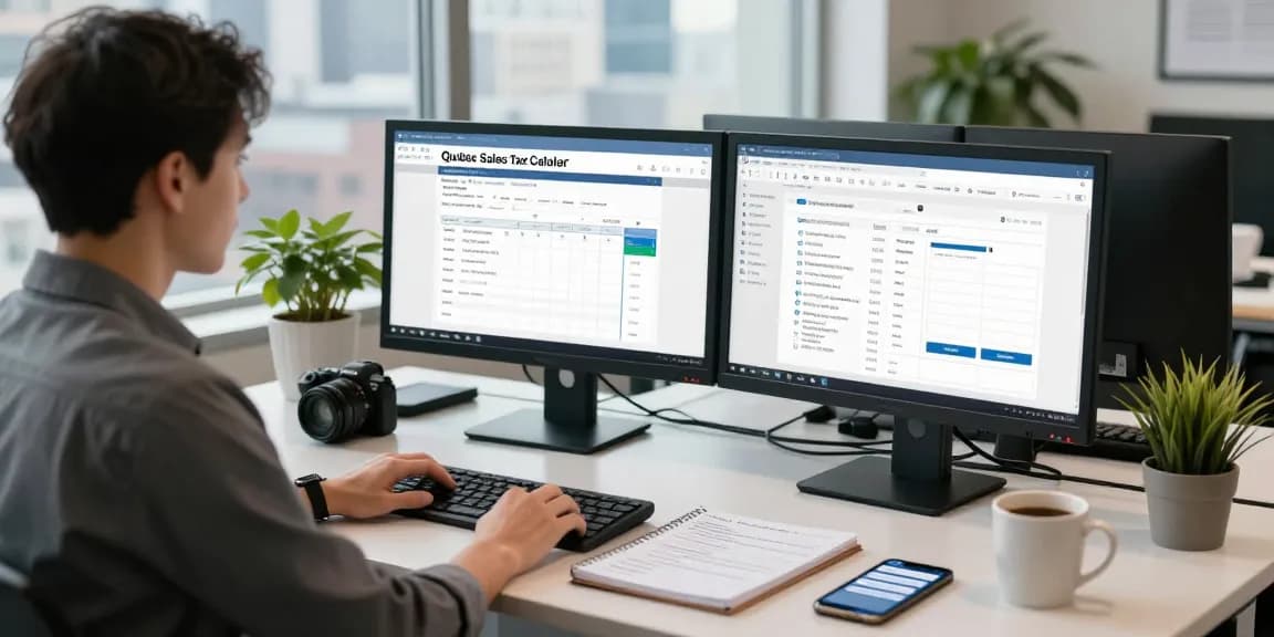 Efficient tax consultant using quebecsalestaxcalculator.ca in a modern office space, showcasing a professional and productive atmosphere.