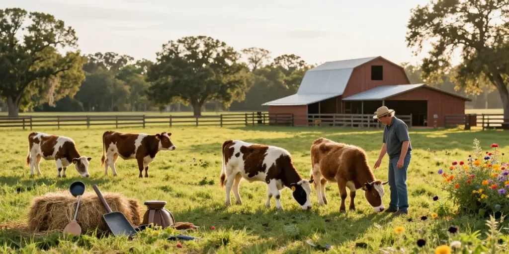 Mini cows for sale in Florida grazing in a sunlit pasture at a family-friendly farm.