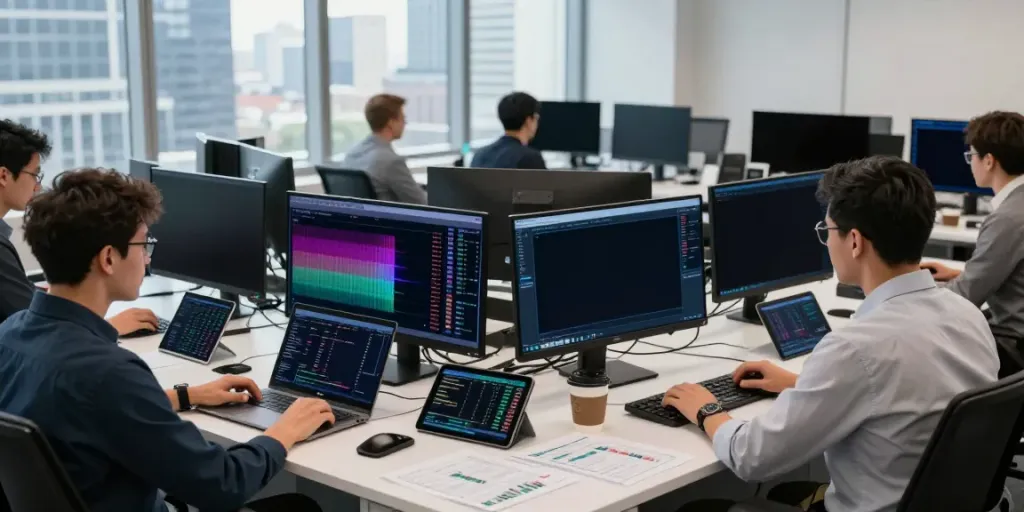 Traders engaged in data analysis at a professional stock trading office with slatecapivex.ca technology.