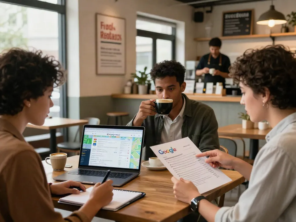 Engaging discussion about google reviews in a professional café, showcasing diverse individuals analyzing feedback.