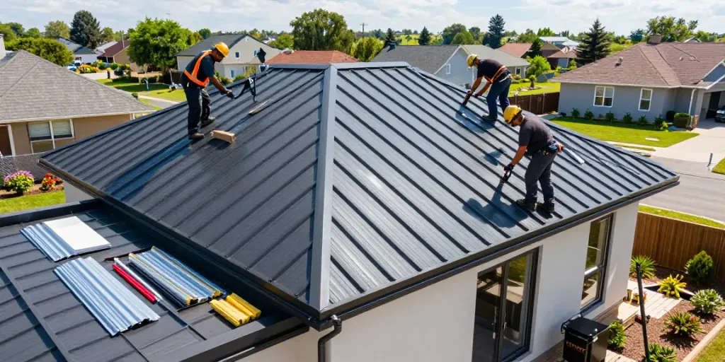 MRoof showcasing a sleek metal roof installation with professional roofers at work.