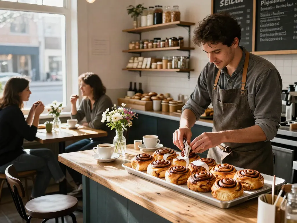 Indulging in fresh cinnamon buns Calgary at a cozy café with sunlight streaming in.