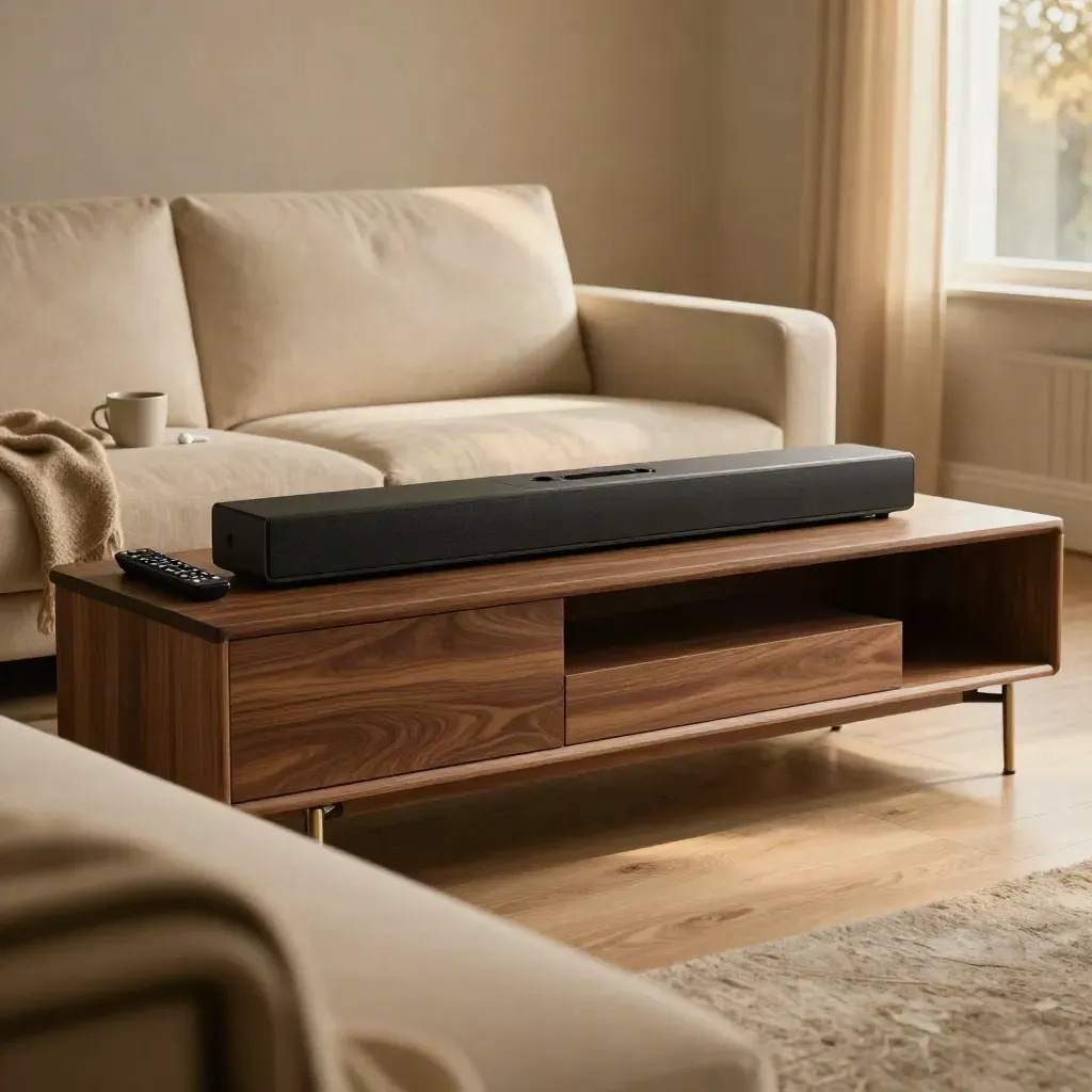 Quiet living room with soundbar, remote, earbud and cup in evening window light.