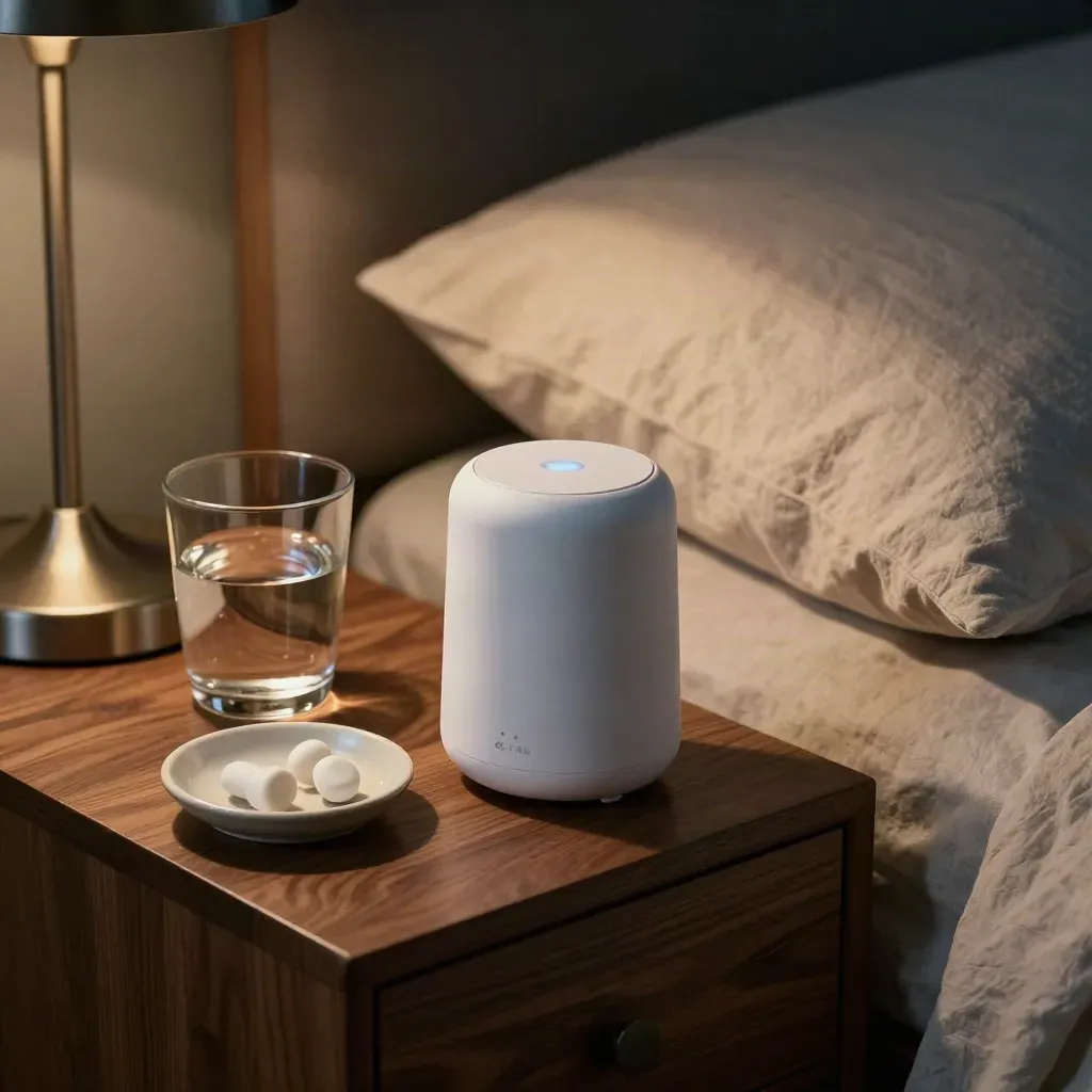 Bedside tinnitus reset scene with noise machine, earplugs, water glass and pillow in moody blue light.