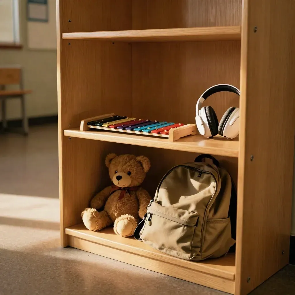 School cubby with toy xylophone, bear, earmuffs, and backpack in warm afternoon light