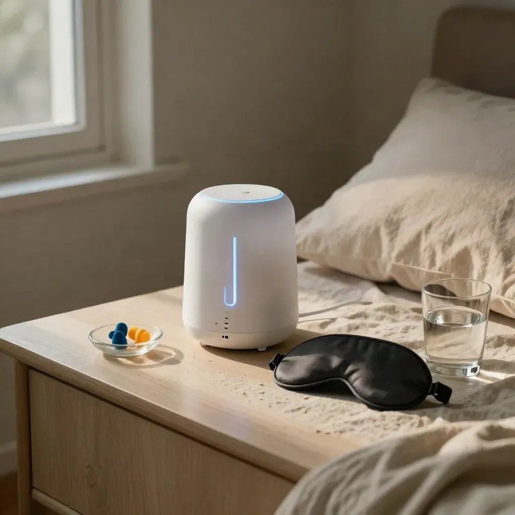 White-noise machine, earplugs, sleep mask and pillow on a warm bedside table in soft night light.