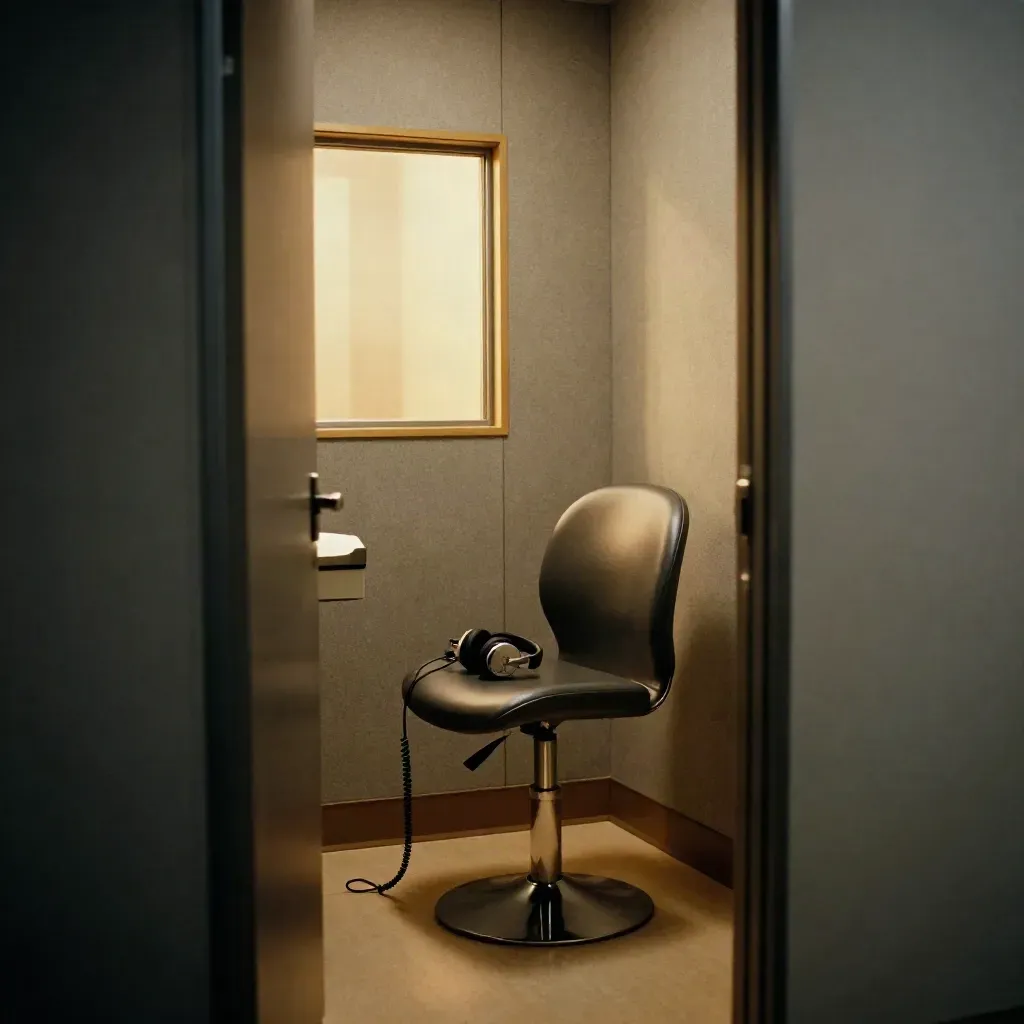 Empty hearing-test booth with headphones on a chair, acoustic panels, and a glowing observation window.