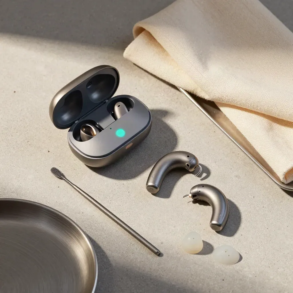 Overhead hearing aids in a charging case with brush, domes, and linen on stone.