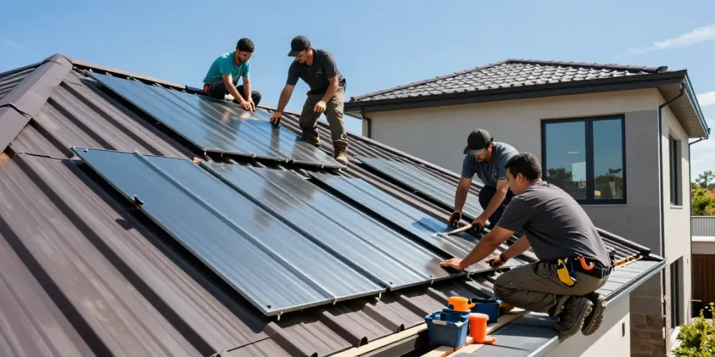 MROOF installation team expertly aligning steel roofing panels on a sunny day, showcasing quality craftsmanship.