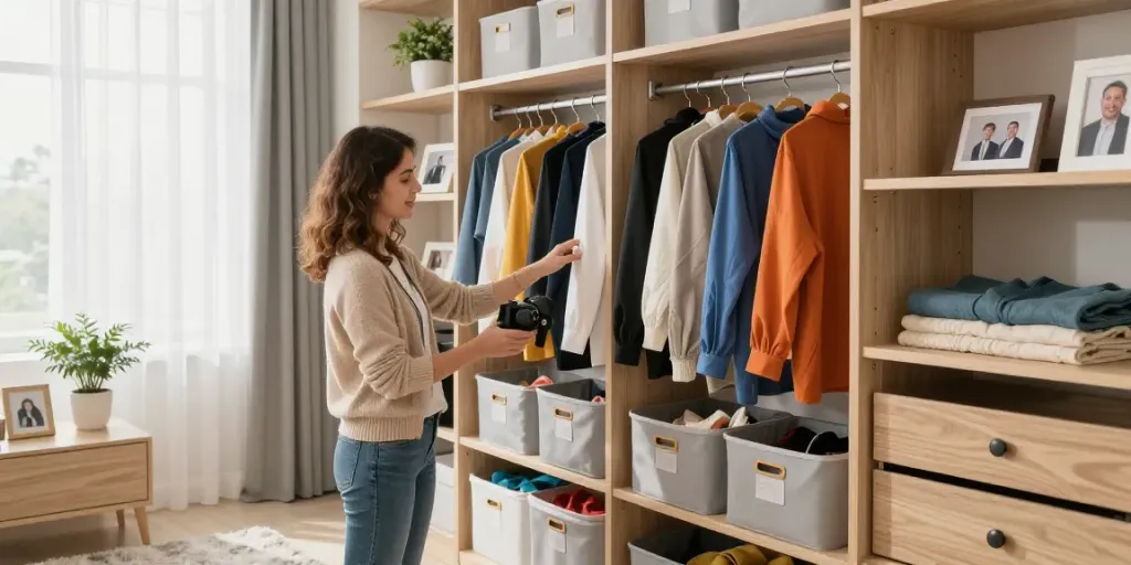 Closet organizing Ottawa with a professional organizer assisting in an inviting home.