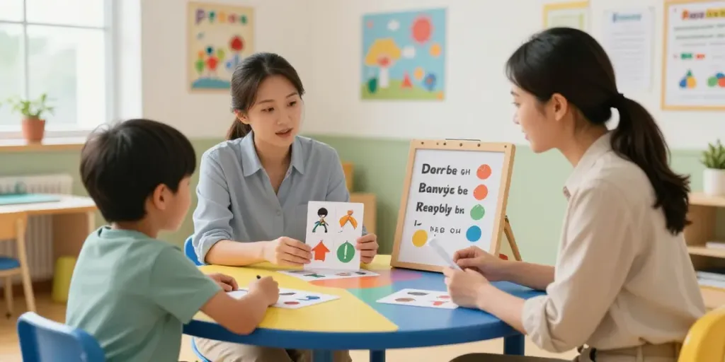 Child learning during Functional communication training Burlington session with therapist using colorful communication aids.
