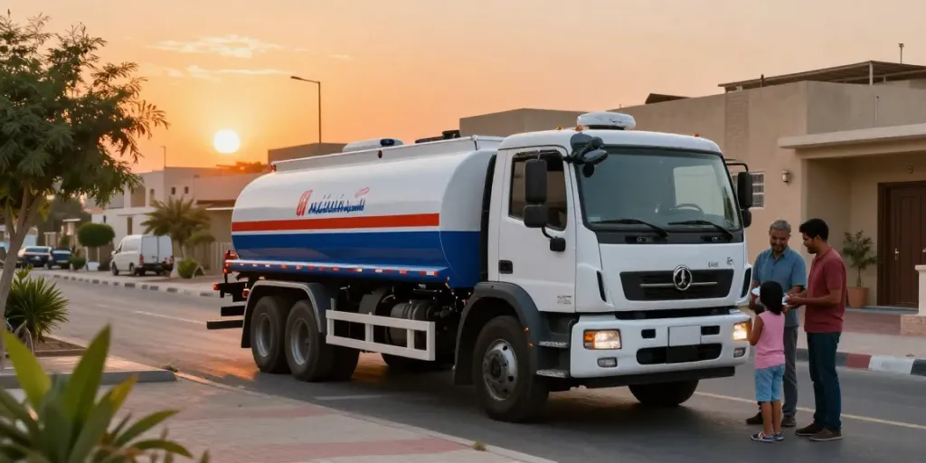 Water tanker delivery in حي الرمال, Riyadh, showing families receiving fresh water.