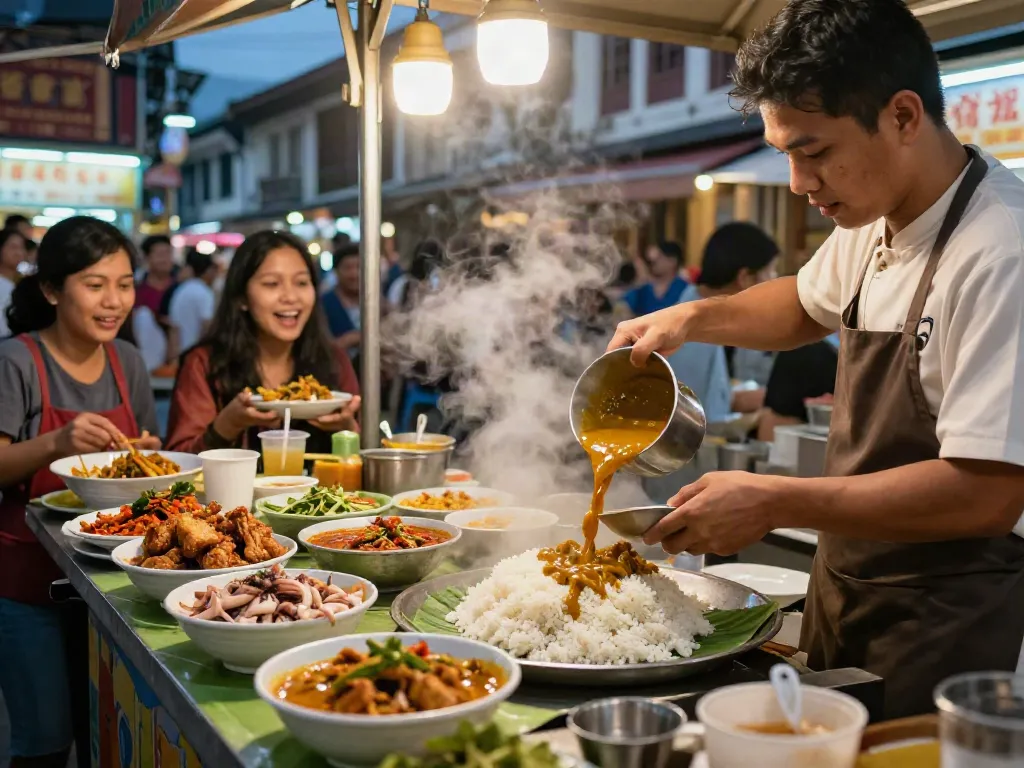 Delicious nasi kandar experience at rokok88 with vibrant curries and fresh ingredients.